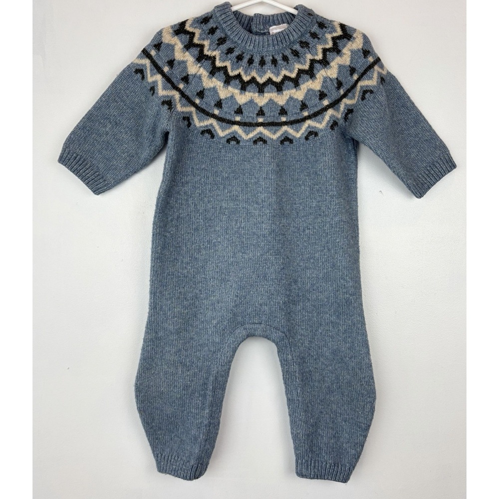 Hanna Andersson Knit Romper Baby 12-18 Months Blue Fair Isle Classic Old Money